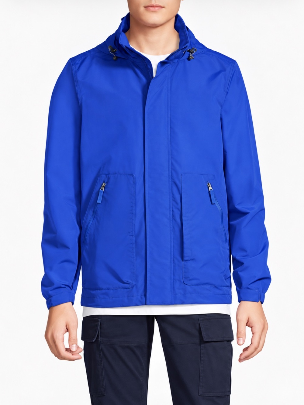 LANDSEND Mens Outrigger Mesh Lined Jacket Stow Away Hood Water Repellent Blue